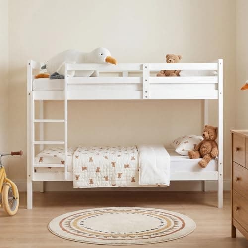 Image of Panana Single Wooden Bunk Bed Frame, 3FT Twin Sleeper Solid Pine Platform Bed (White, Single Bunk)