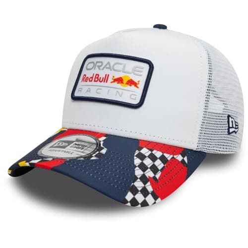 Image of Red Bull Racing F1 New Era Baseball Cap, Abstract Trucker Style, White and Navy, Adjustable
