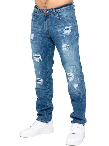 Image of 989Zé ENZO Mens Jeans Distressed Casual Straight Regular Fit Ripped Denim Trousers Pants MJ9 Jeans Light Blue 32