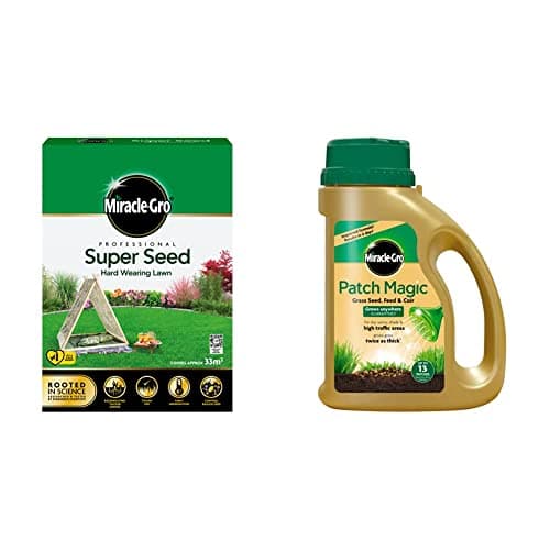 Image of Miracle-Gro Professional Super Seed Hard Wearing Lawn Seed, 33m2, Green & Patch Magic Grass Seed, Feed and Coir, 1015 g