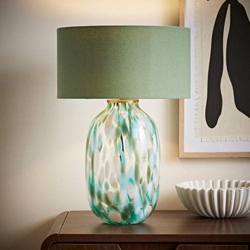 Image of ValueLights | Belinda Green Confetti Glass Table Lamp with Drum Shade and Bulb | Table Lamp, Home Décor & Improvement Essential
