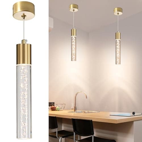 Image of Mikeru Modern Bedside Pendant Light, 3 Colour Temperatures 3000k/4500k/6500k Gold Pendant Light, LED Acrylic Cylinder Chandelier for Dining Room, Cafe, Living Room, Offic