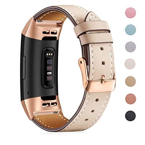 Image of Mornex Strap Compatible Fitbit Charge 3 Strap/Charge 3 SE Leather Band, Classic Adjustable Replacement Wristband Fitness Accessories Metal Connectors,Rose Gold-Beige