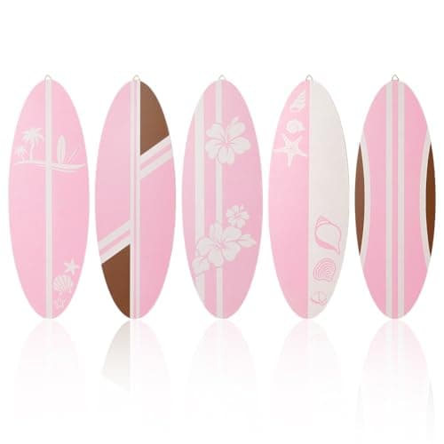 Image of PH PandaHall 5pcs Wooden Surfboard Wall Decor Pink Ocean Beach Themed Room Decor 40x13.6cm Coastal Art Hanging Board with Hook for Bedroom Bathroom Living Room Surf Rooms Party Home Decoration