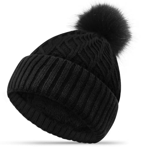 Image of FORVEVO Winter Hats for Women Bobble Hat Black Beanie Hats Double Fleece Layer Line with Pom Pom Wooly Hat Women