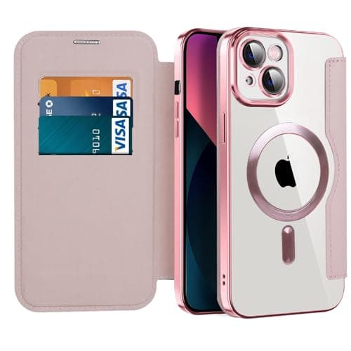 Image of IMIRST Magnetic Case for iPhone 13, [Compatible with MagSafe] Premium Flip Leather Card Holder with RFID Blocking Clear Shockproof Phone Case Cover for Apple iPhone 13, WD Pink
