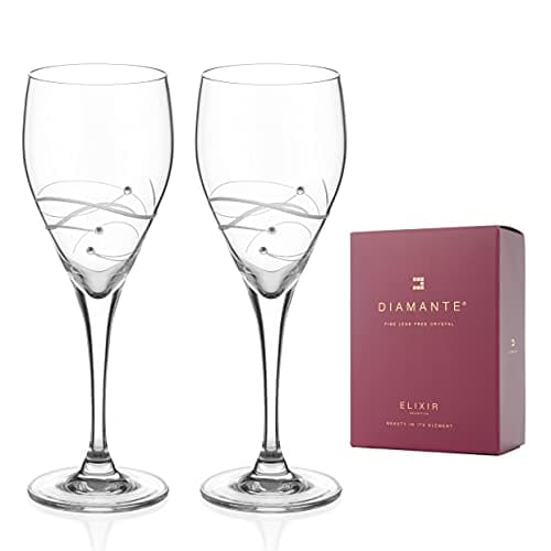 Image of DIAMANTE Swarovski White Wine Glasses Pair - 'Chelsea Spiral' Design Embellished with Swarovski Crystals - Set of 2