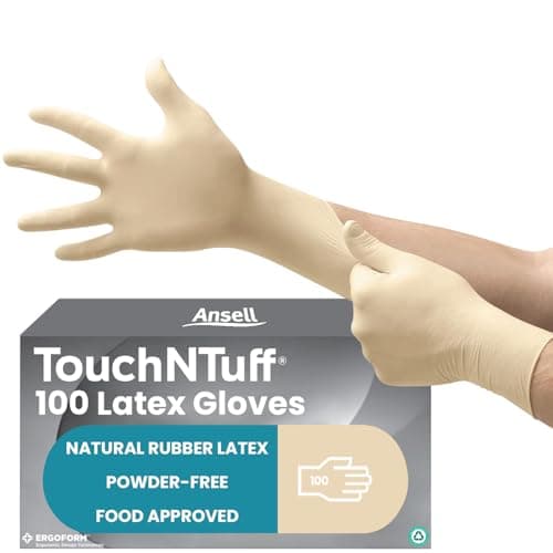 Image of Ansell TouchNTuff Disposable Latex Gloves with Textured Fingertips, Powder-Free and Food Certified, Multipurpose Professional, Industrial Safety, White, Size L (100 Gloves)