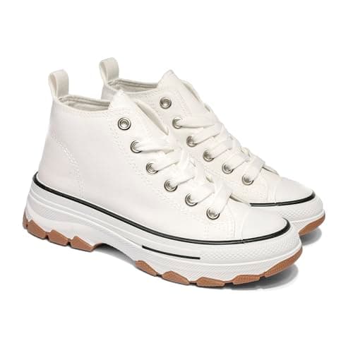 Image of Kids’ Mid-top Chunky Canvas Trainers –5cm Height Increase, Breathable, Non-Slip Rubber Sole, White Toe Cap Boys & Girls Casual Shoes (White, Big Kid, 2, Numeric, UK Footwear Size System, Medium)
