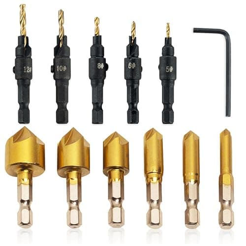 Image of 12 PCS Countersink Drill Bit Set, 6 PCS High Speed Steel Counter Sinker Drill Bits 5 Flute, 5Pcs Titanium Plating 1/4inch Hex Shank Power Tools with L-Wrench for Woodworking, Wood Drilling