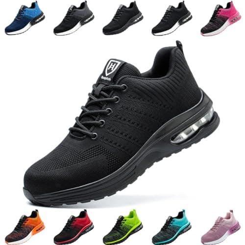 Image of Nasogetch Safety Trainers Steel Toe Cap Trainers Men Women Lightweight Breathable Safety Shoes Work Trainers with Cushioning Black UK 5 Label Size 38