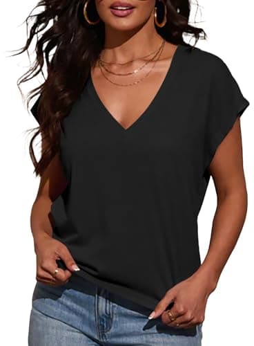 Image of INFITTY Tshirts Women UK Summer Ladies Tops V Neck T-Shirt Solid Casual Short Sleeve Going Out Tops Black S