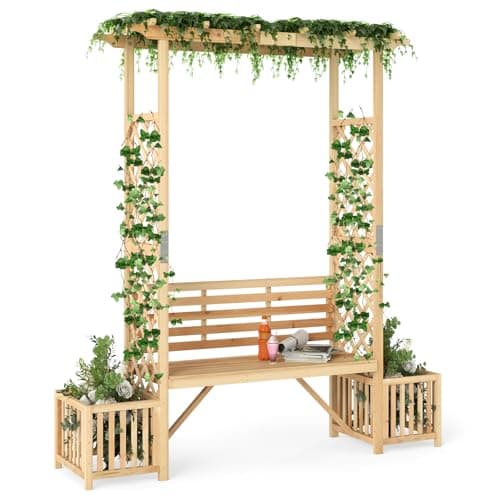 Image of COSTWAY Garden Arch with Bench & Planter Box, 2M Wooden Arbour Trellis Pergola, Rose Vines Climbing Plant Archway Support for Party Ceremony Wedding Lawn Backyard, Natural (Flat Hanging Roof)