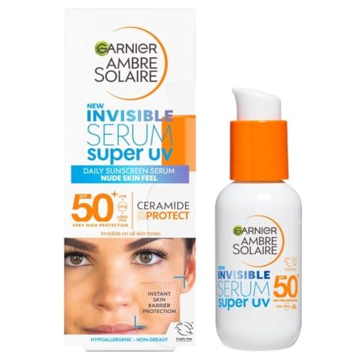 Image of Garnier Ambre Solaire Sun Cream SPF 50+ Super UV Invisible Serum Moisturiser for Face, High Protection Against UVA & UVB, For all Skin Types, With Hyaluronic Acid, Vitamin E & Ceramides, Vegan, 30ml