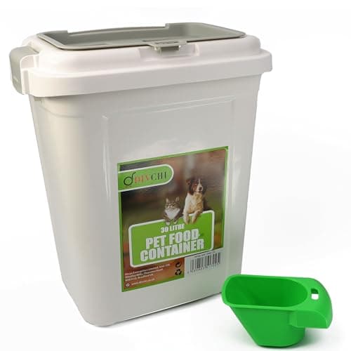 Image of DIVCHI 30L Pet Food Storage Container Flip Top Locking System With Integrated Scoop Plastic Birds Airtight Pet Dog Cat Animal Dry Food 15 KG Dispenser Bin (White)