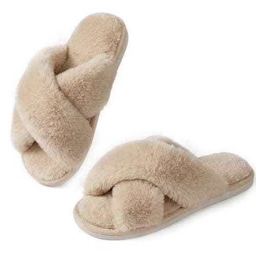 Image of Ankis Women Camel Fluffy Slippers Memory Foam, Cross Band Furry Open Toe Cozy Plush Home Shoes Indoor Outdoor Anti-Slide Slipper
