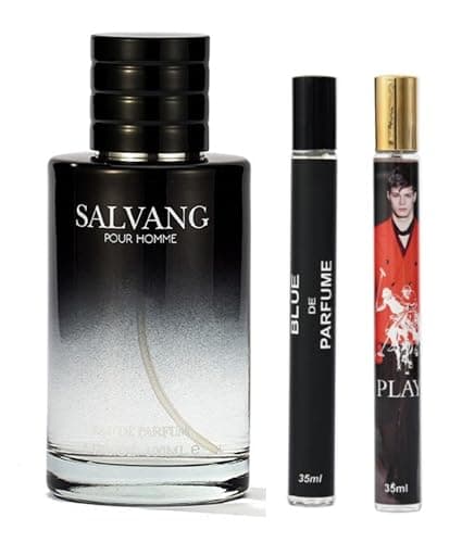 Image of Pack of 3 Men’s Perfume Gift Set – Salvang Eau de Parfum 100ml + Blue de Parfum 35ml + Play 35ml EDP | Long Lasting Fragrance for Men | Spicy, Fresh, Mint & Pepper Scent | Travel Size Perfume