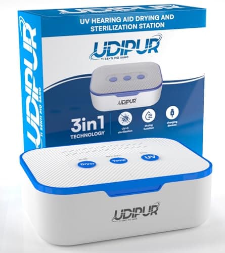 Image of Drying Box with UV Sterilisation and Charging Function for Hearing Aids Udipur 3in1 Technology USB Type-C Maximum Temperature 50°C - 110x90x40mm