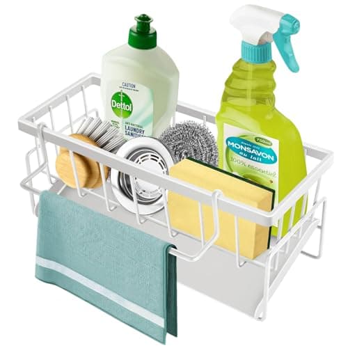 Image of TOKPLNU Kitchen Sink Caddy, Metal Sponge Holder for Kitchen Storage Rack,KitchenTidy Sink Organiser with Self Drain Tray & Dishcloth Hanger,Washing Up Utensil Caddy for Bathroom, White