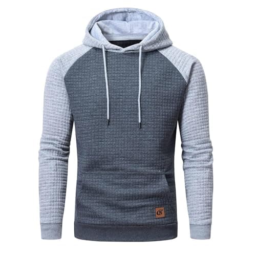 Image of YuKaiChen Men's Hoodies Pullover Hooded Sweatshirts Long Sleeve Patchwork Plaid Jacquard Drawstring Casual Hoodie with Pockets Grey-Lightgrey M