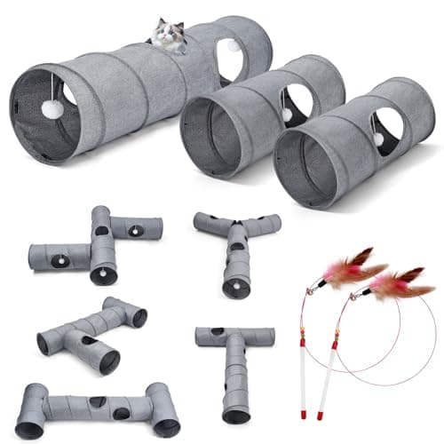 Image of Odoland Large Cat Play Tunnels, 3 Straight Tunnel DIY Collapsible Cat Tunnels Toy Cool Linen Pet Tunnel Tube for Indoor Cat Puppy Kittens Rabbits with Interactive Feather Wand & Suspended Ball-110cm