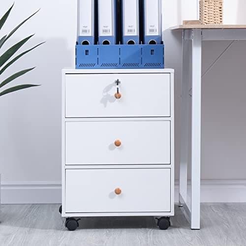 Image of Mobile Lockable File Storage Cabinet with 3 Drawers on Wheels Under Desk Wood Beside Cabinet Pedestal for Unit Document Home Office Printer Stand Filing Side Drawers Nightstand on Caster (white)