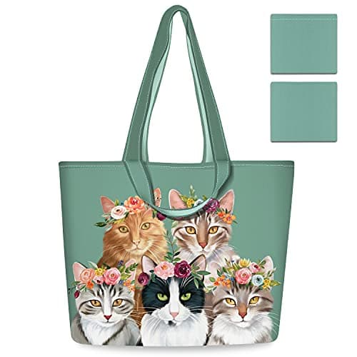 Image of NymphFable 2 Pack Tote Bag Reusable Cute Cats Green Shopping Bags Washable Foldable Polyester Grocery Bags