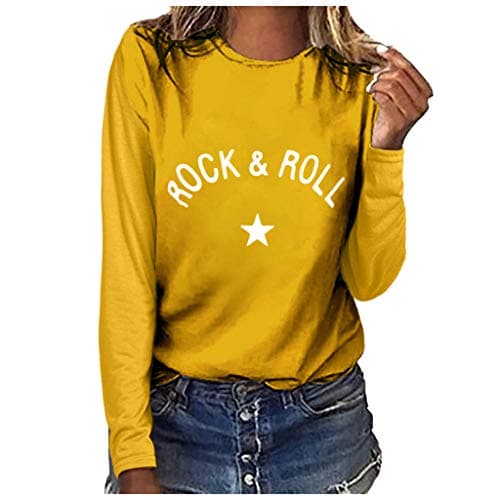 Image of Lazzboy Women Blouse Tops Long Sleeve Casual Solid Letters Slogan Star Print Fit Sweatshirt Pullover Jumper Shirt (S(6),Yellow -Rock & roll)