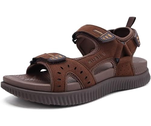 Image of KuaiLu Mens Leather Hiking Sandals with Arch Support Orthopedic Sport Recovery Athletic Walking Sandals For Man Outdoor Summer Casual Thick Cushion Beach Water Fisherman Sandal, size 10.5 Brown