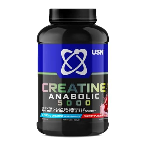 Image of USN Creatine Anabolic 5000 – All-in-One Muscle Growth & Recovery Powder, 5000mg Creatine Monohydrate + 3000mg BCAAs, Low Sugar, Cherry Punch Flavour, 900g (30 Servings) - New Formula