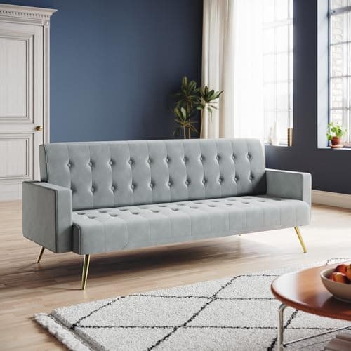 Image of ZANOFIRA 3 Seater Click Clack Sofa, Grey Luxury Velvet Mid Century Modern Couches w/Square Armrest Comfy Sleeper Sofas for Living Room, Guest Room, Apartment, Home Office