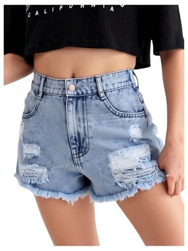 Image of GORGLITTER Girl's Ripped Frayed Hem Denim Mini Shorts Elastic High Waisted Straight Leg Summer Jeans Shorts with Pocket Age 8-12 Light Wash 12Y