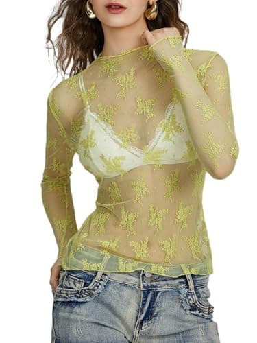 Image of Lshyuehao Women's Mesh Tops Lace Tops for Women Sexy Long Sleeve See Through Shirts Y2K Lace Top Layering Blouses (A-Green, M)