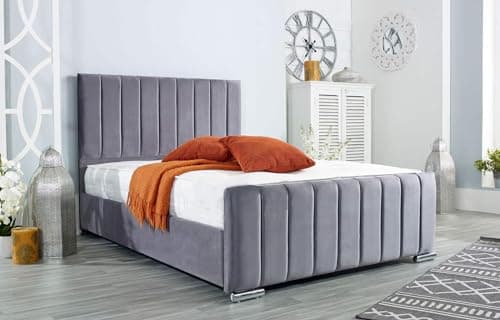 Image of AuGold Beds Upholstered Panel Line 4FT Small Double Bed – Luxurious Grey Plush Bed Frame with Headboard & Footboard – Durable Modern Panel Design for Stylish Compact Bedrooms (Small Double)