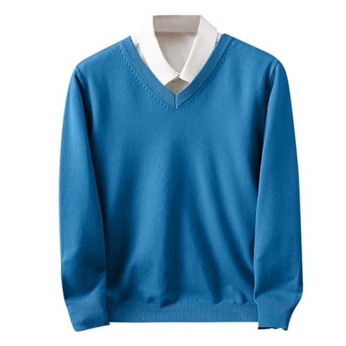 Image of HAOLEI Sweater Men,Mens V Neck Jumpers Pullover Sweater Cable Knit Thermal Jumpers Long Sleeve Textured Sweaters Winter Warm Basic Fisherman Knitted Slim Fit Knitwear Tops Blue