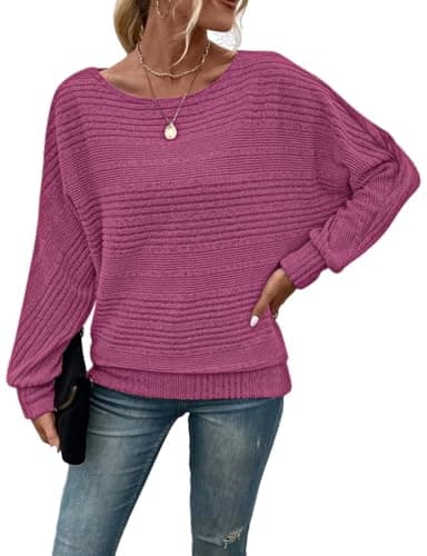 Image of Gemulate Ladies Jumpers Long Sleeve Jumpers Autumn Lightweight Ladies Batwing Tops Long Sleeve Boat Neck Striped Knit Sweater Casual Pullover Winter Tops for Women UK Pink S
