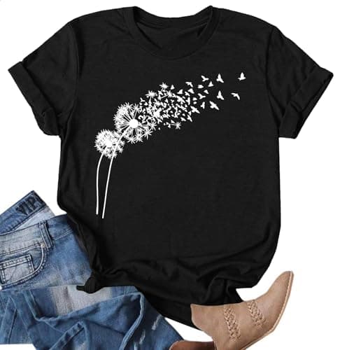 Image of VVNTY Dandelion T Shirts for Women Cute Dandelion Print Graphic T-Shirt Summer Short Sleeve Round Neck Tee Tops (grey1,S)