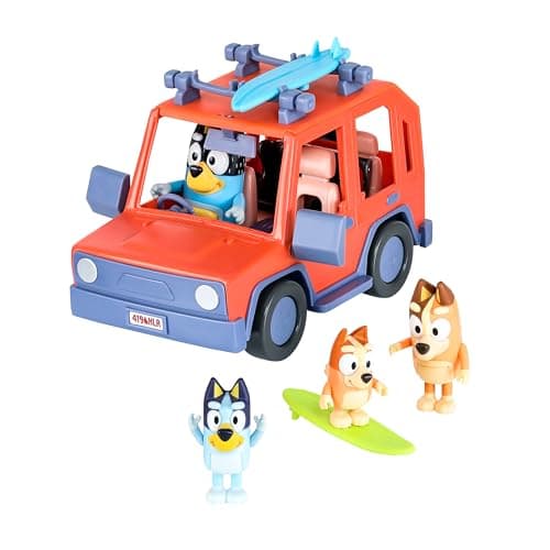 Image of Bluey Heeler Family 4WD Vehicle and 4 Figure Pack, 2.5-3 Inch Figures, 2 Surfboards Accessories and Stickers Amazon Exclusive