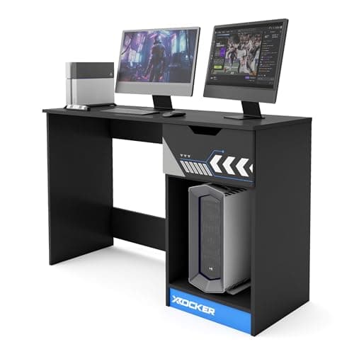 Image of X-Rocker Octane 110cm x 40cm, Racing Gaming Desk - Built-In Drawer, Open PC Storage Shelf, eSport Inspired, Durable Wooden Frame for Kids & Teens - Black & Blue