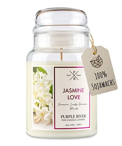 Image of Purple River Large Soy Wax Scented Candle in Glass with Lid - Jasmine Love (623 g) - Floral Fragrance for Your Home - Scented Candle with Long Burning Time up to 140 Hours