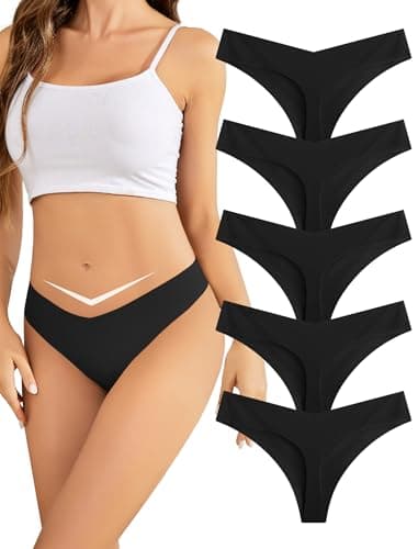 Image of VOENXE Seamless Women Underwear Thongs,No Show V Waist Low Rise Knickers for Ladies,No VPL Breathable Comfortable Pants,Multipack Invisible T Back Tanga Undies for Women,5-Pack Black