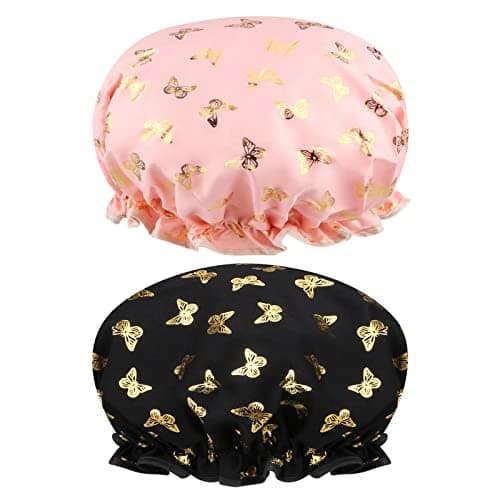 Image of 2 PCS Shower Cap Elastic Band Waterproof Bath Caps Double Layers Reusable With Ruffled Edge Covering Ears for Girls and Women
