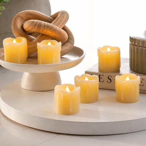 Image of Festive Lights - Set of 6 Cream Real Wax Mini Tea Light Candles - Warm White Flickering LEDs, Dripping Tear Effect, Batteries Included - Indoor Home, Wedding, Event Decor, Flameless Mood Lighting