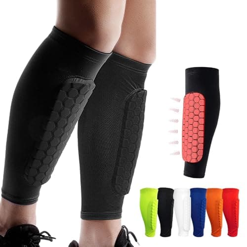 Image of Shindefender Shin Guards Pads, Honeycomb Compression Sleeve Football Shin Guards for Boys, Teenagers and Adults, Soccer Defender Pads with Superior Impact Absorption, Lightweight (Black, L)