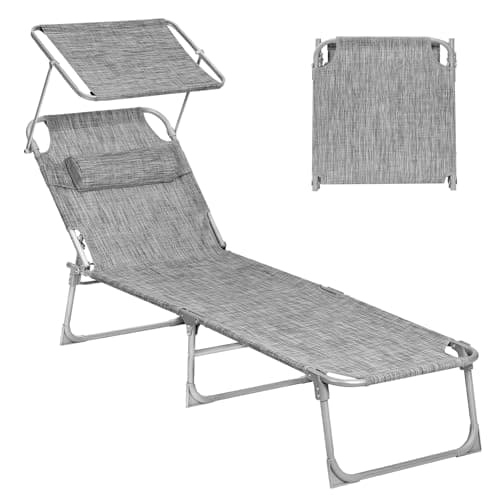Image of SONGMICS Sun Lounger, Deck Chair Folding, Sunbed, 193 x 53 x 29 cm, Max. Load 150 kg, with Sunshade Headrest Adjustable Backrest, Reclining Sun Chair for Terrace Pool Garden, Greige GCB19T