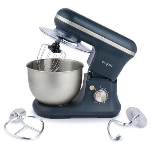 Image of SALTER Marino Baking Stand Mixer - 6 Speed Kitchen Mixer with Pulse, 5L Stainless Steel Mixing Bowl, Removable Splash Guard, Whisk, Dough and Beater Attachment, 1200 W, Blue/Grey