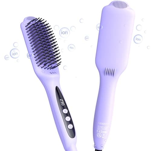 Image of LANDOT Hair Straighteners Brush for Women - Ionic Ceramic Straightening Brush to Reduce Frizz & Nourish Hair, 12 Temperature Settings 120-230°C fit All Hair Types, Dual Voltage 100-240V, Purple