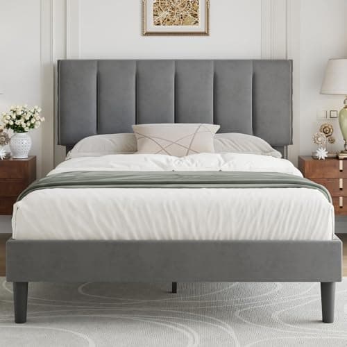 Image of VECELO 4FT6 Double Bed Frame Upholstered Platform with Adjustable Headboard, Velvet Fabric, Sturdy Wooden Slat Support, No Box Spring Needed, Easy Assembly, Grey
