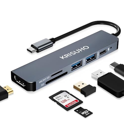 Image of KRISUHO macbook USB C Hub 6 in 1 USB C to HDMI Multiport Adapter with 4K HDMI1 USB 3.0/1 USB 2.0 60W PD Charging and MICRO SD/SD Card Reader for MacBook XPS Samsung Phones Laptop and more