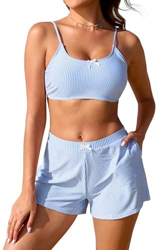 Image of SHEKINI Women Two Piece Bikini Set with Pockets High Wasited Swimwear Shorts Bow Ties Striped Bathing Suit Cute Swimsuit, Light Blue, Medium